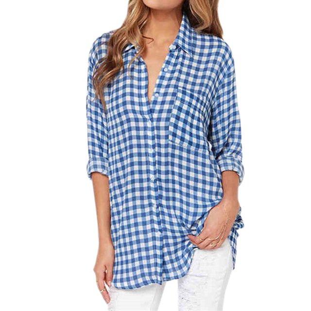Camiseta De Manga Larga A Cuadros De Algodón Blusa De Mujer De Un Solo Pecho Con Solapa (M) Tmvgtek Mujer