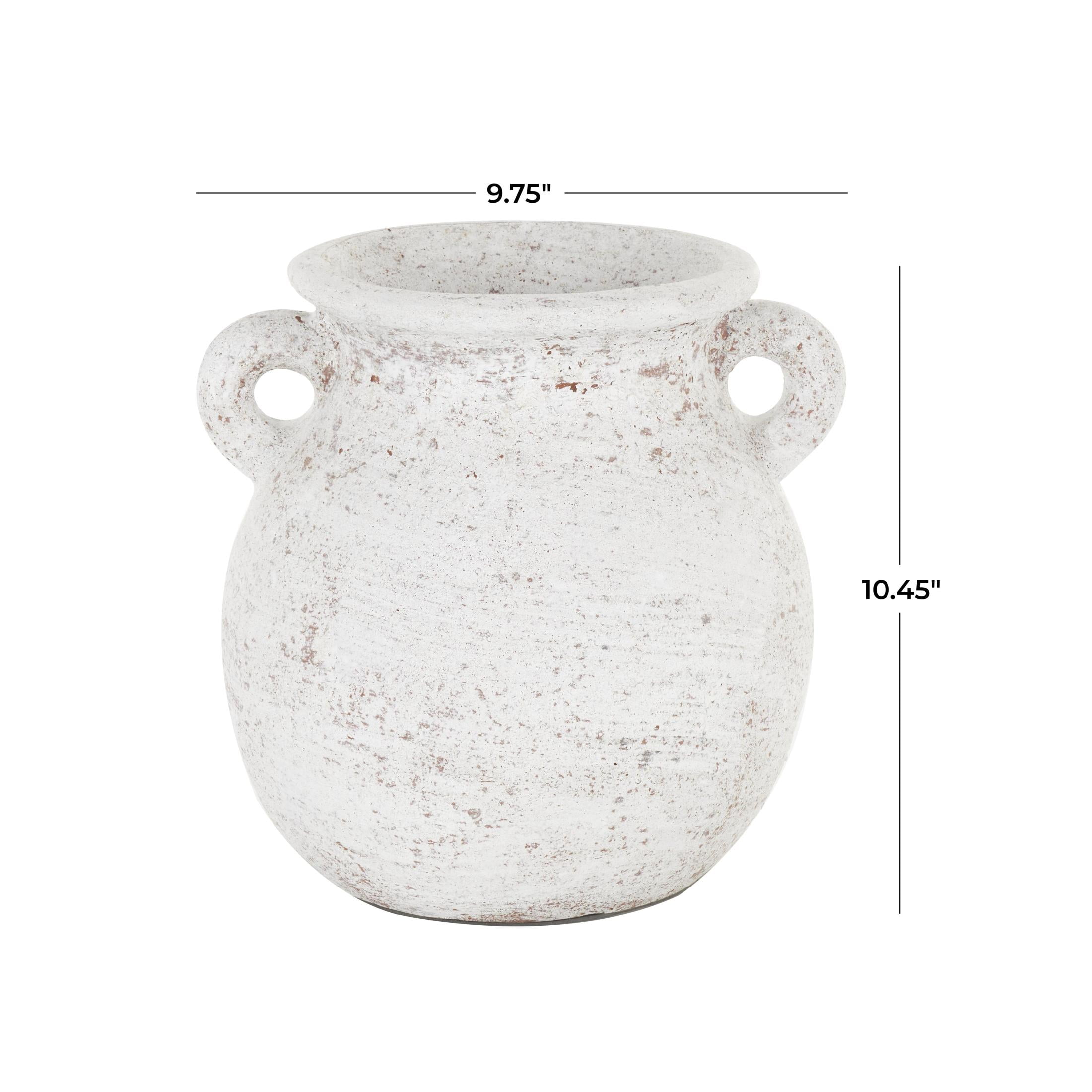 DecMode 10" Antique Style Textured Pot Cream Ceramic Vase with Handles