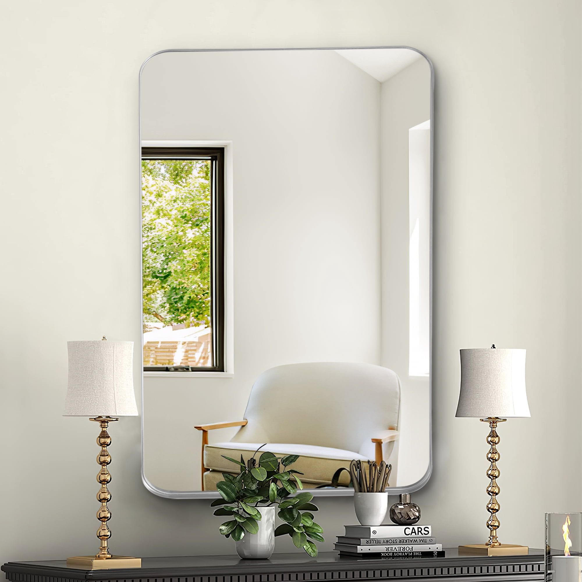 Aluminum Alloy Wall Mount Rectangular Deep Mirror Hanging Mirror Wall Mirror Rounded Corner Silver 50"x32"