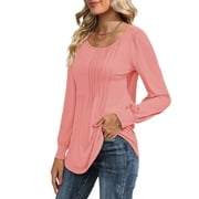 UVN Blouses for Women Pleated Long Sleeve Shirts Crew Neck Dressy Casual Tunic Tops
