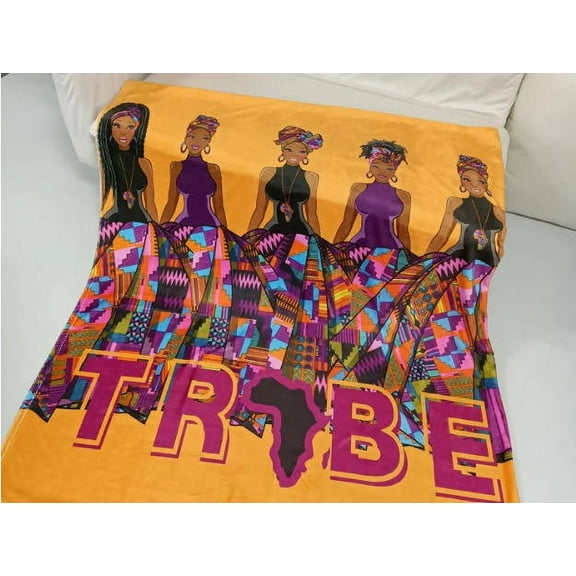 Queen African and Ankara Dress/Headwrap Black Woman Art Print Throw Blanket, Cozy Blanket, African American Art TRIBE