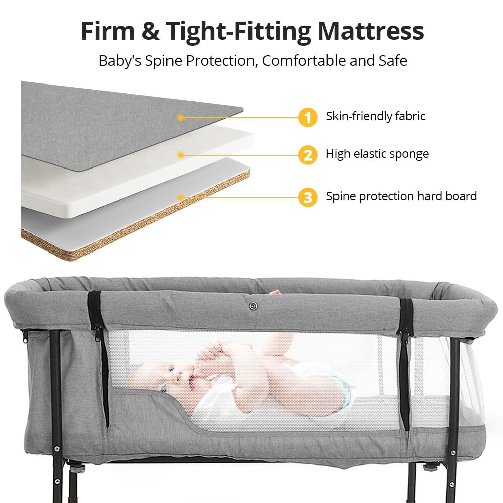 Baby Bassinet, Caveen 4 in 1 Adjustable Infant Bedside Crib Beds with Changing Table, Storage Basket, Wheel, Mosquito Net, for 0-24 Months, Gray