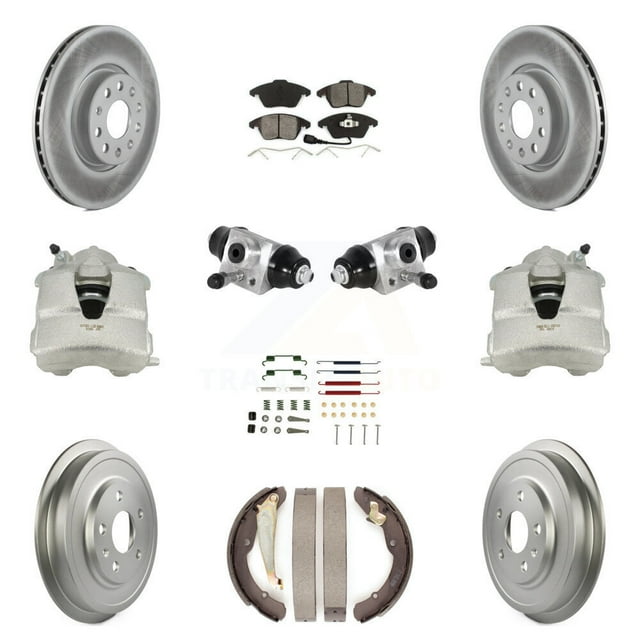 Transit Auto Front Rear Disc Brake Caliper Coated Rotors Drums Semi-Metallic Pads Shoes Wheel Cylinders and Hardware Kit (11Pc) for Car Volkswagen Jetta with 312mm Diameter Rotor KCG-100350S