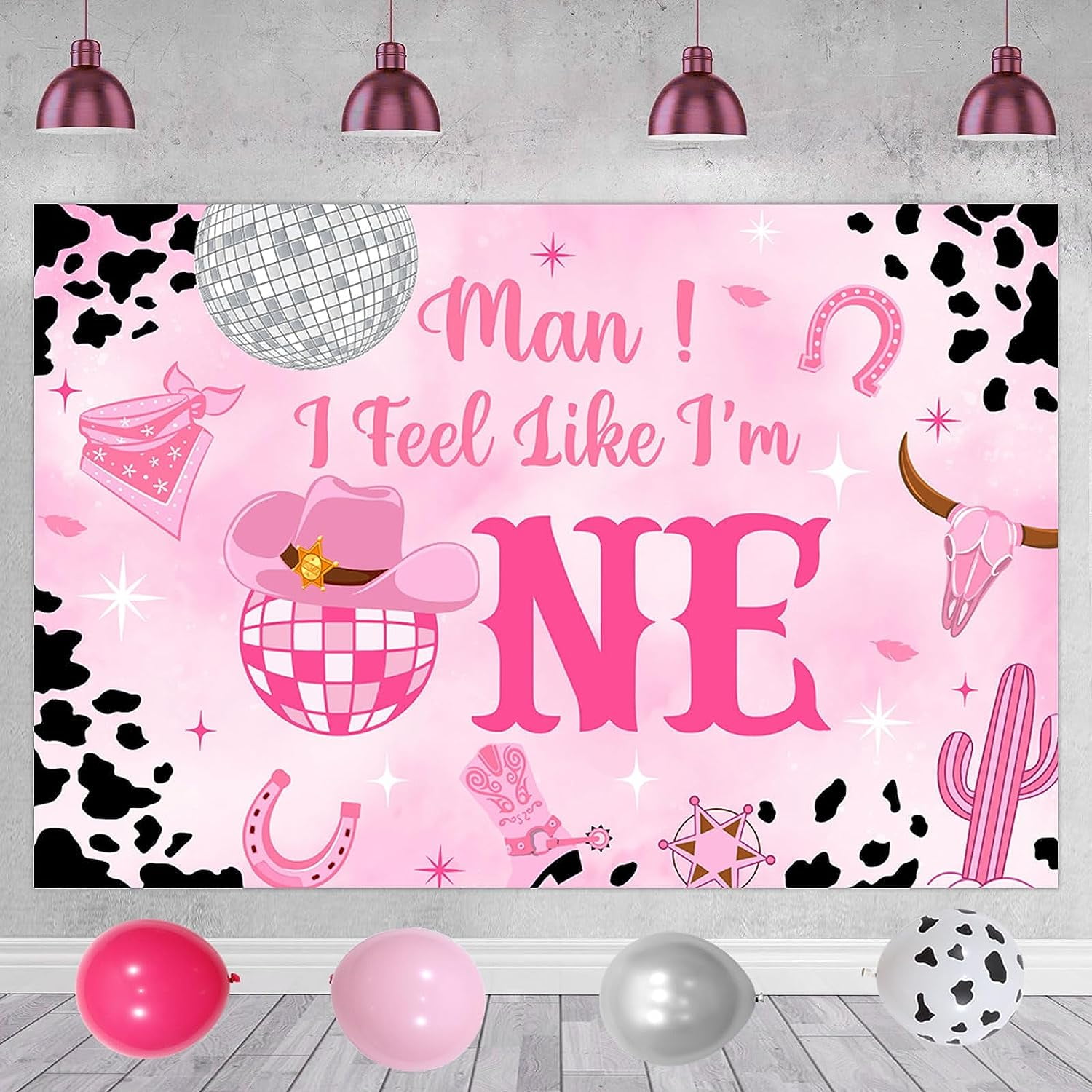 Disco Cowgirl 1st Birthday Decorations, Man I Feel Like I'M One Party Decorations Backdrop, Western Hot Pink Balloons Garland Arch Number 1 Foil Balloon One High Chair Banner for First Rodeo