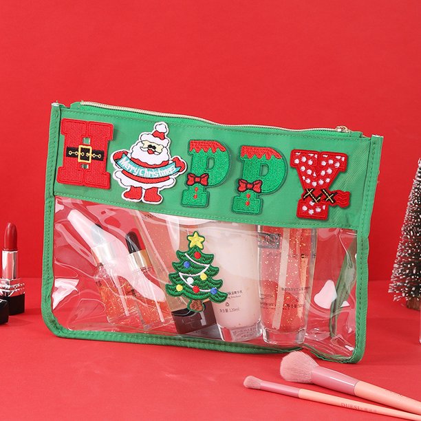 Pisexur Belleza Maquillaje Neceser de maquillaje transparente navideño - Organizador de artículos de tocador de viaje con bordado de Papá Noel y árbol festivopara mujeres y hombres
