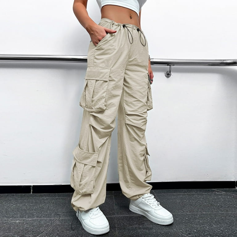 ZHIZAIHU Women Solid Color Pants Summer Long Cargo Trousers Baggy Straight  Leg Low Waist Pants With Pockets Gray L 