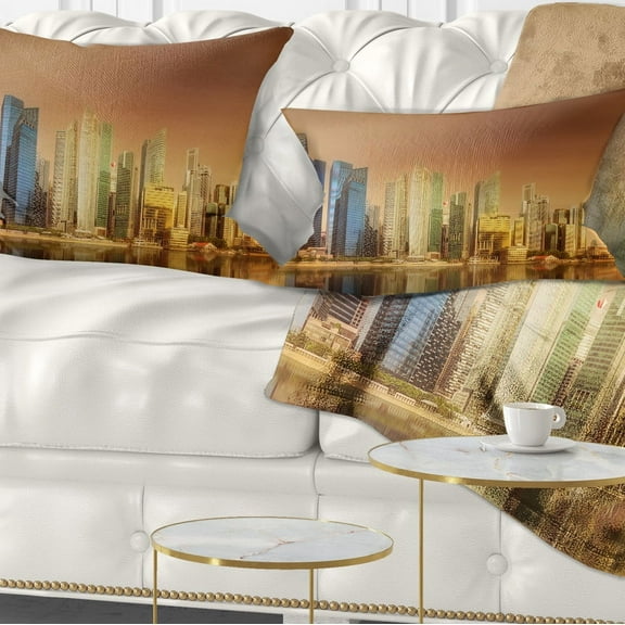 Designart Singapore Skyline under Brown Sky - Cityscape Throw Pillow - 12x20
