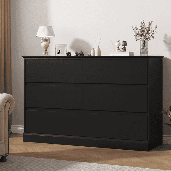 6 Drawer Dresser for Bedroom, White Dresser Double Chest of Drawers, Modern Wood Dressers with Deep Drawers for Living Room,Black