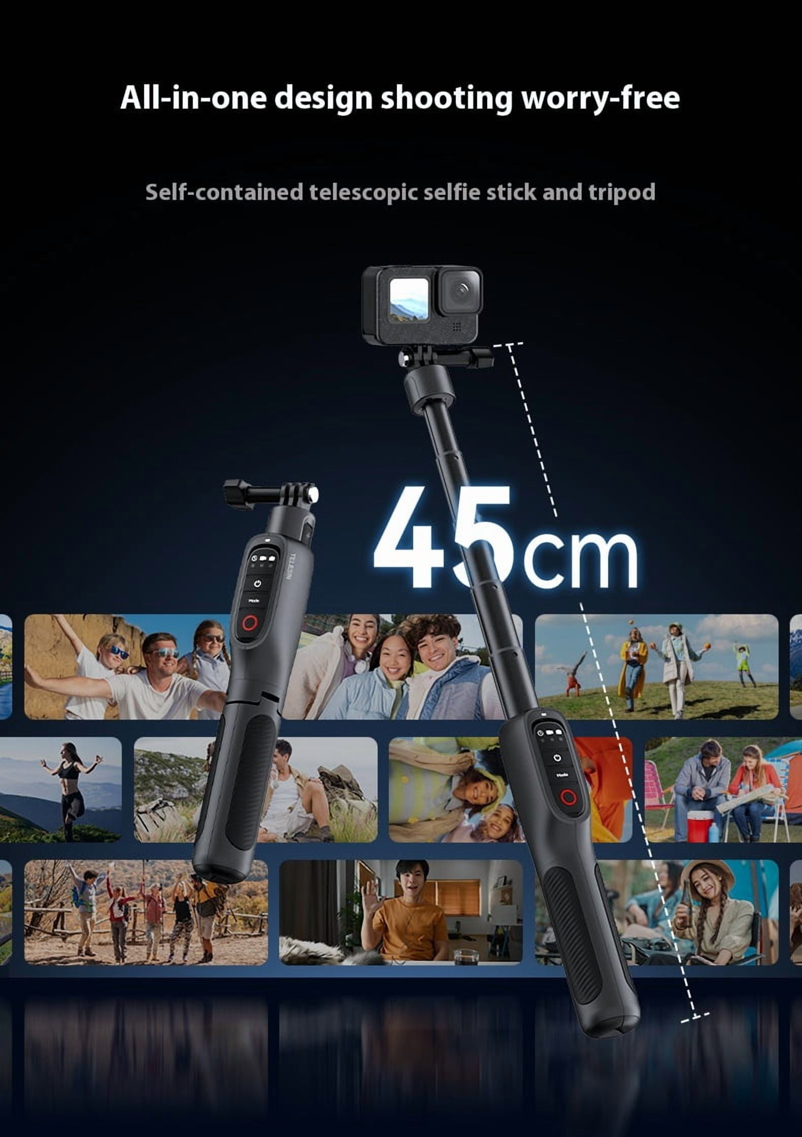 Bigcan Charging Remote Control Tripod Selfie Stick for GoPro Hero 13/12/11/10 – Extendable to 45cm, Magnetic Base, 5000mAh Battery, 360° Adjustable, Bluetooth Remote, USB-C Charging