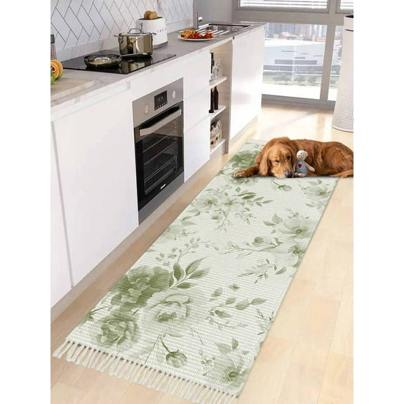 Green Floral Art Entryway Runner Rug 2x4ft,Watercolor Botanical Spring Flowers Washable Woven Living Room Hallway Bedroom Kitchen Carpet with Tassels,Indoor Outdoor Throw Door Mat for Entryway