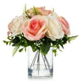 thumbnail image 3 of Enova Home 10 Heads Artificial Silk Rose Flowers in Clear Cylinder Glass Vase with Faux Water (Cream Pink), 3 of 4