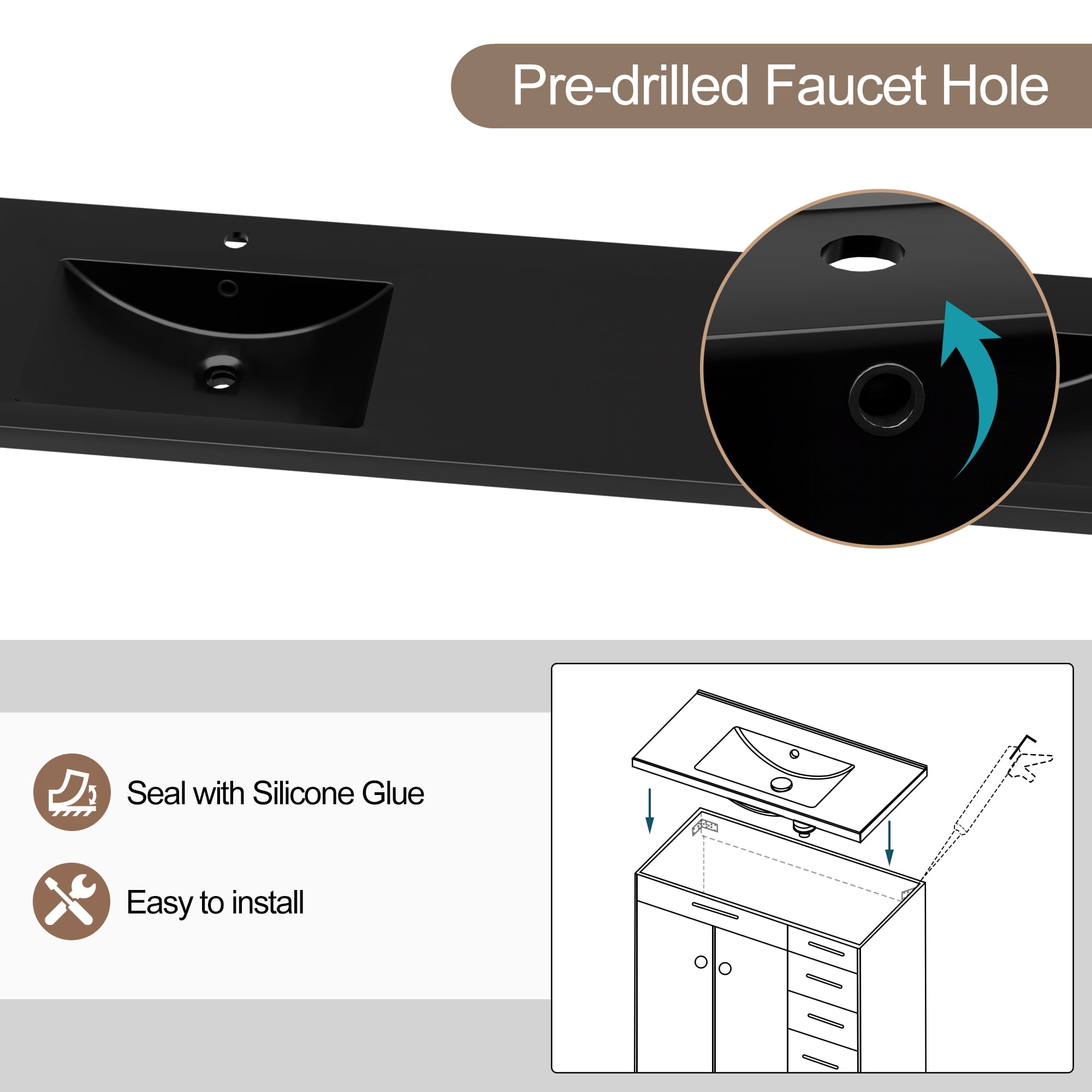 Eclife 72" Black Resin Integrated Double Bathroom Sink, Water Saving, Stain Resistant