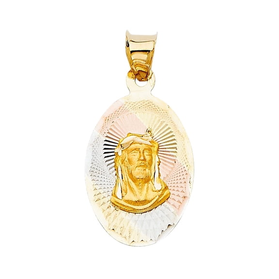 14K Tri Color Gold Diamond Cut Religious Jesus Stamp Charm Pendant for Necklace Chain | Gift for Men Women | 18 x 13 MM | 1.2 grams