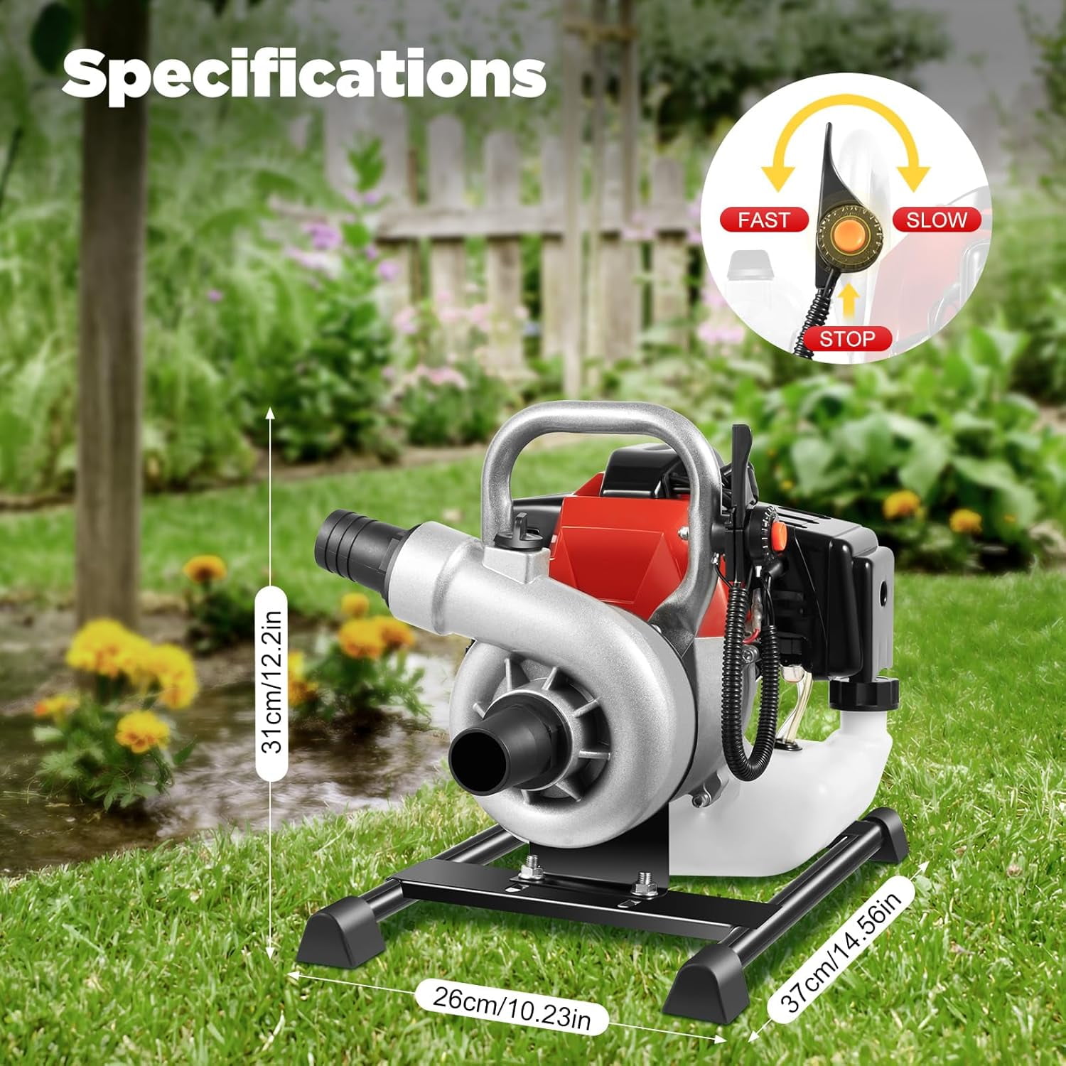 Miumaeov 2.3HP 2 Stroke Gas Gasoline Water Pump,1.5" Inch Petrol Water Transfer High Pressure Pump, 52CC Trash Pump 8500RPM Air Cooling Single-cylinder for Irrigation Pool