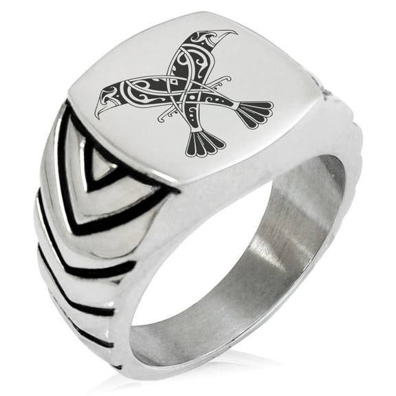 Stainless Steel Huginn & Muninn Odin's Twin Ravens Chevron Pattern Biker Style Polished Ring