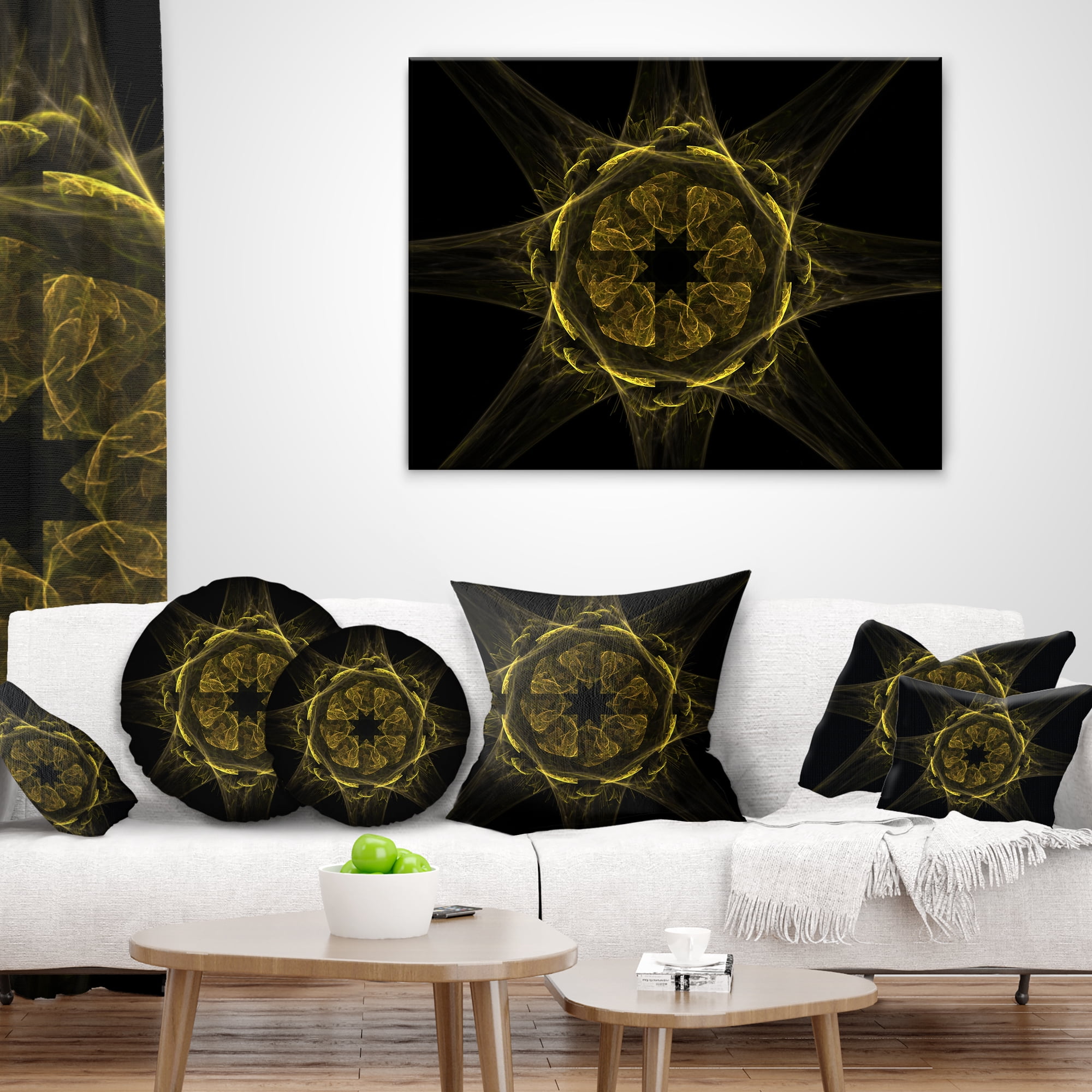 Designart Glowing Golden Radial Fractal Flower Art - Floral Throw Pillow - 16x16