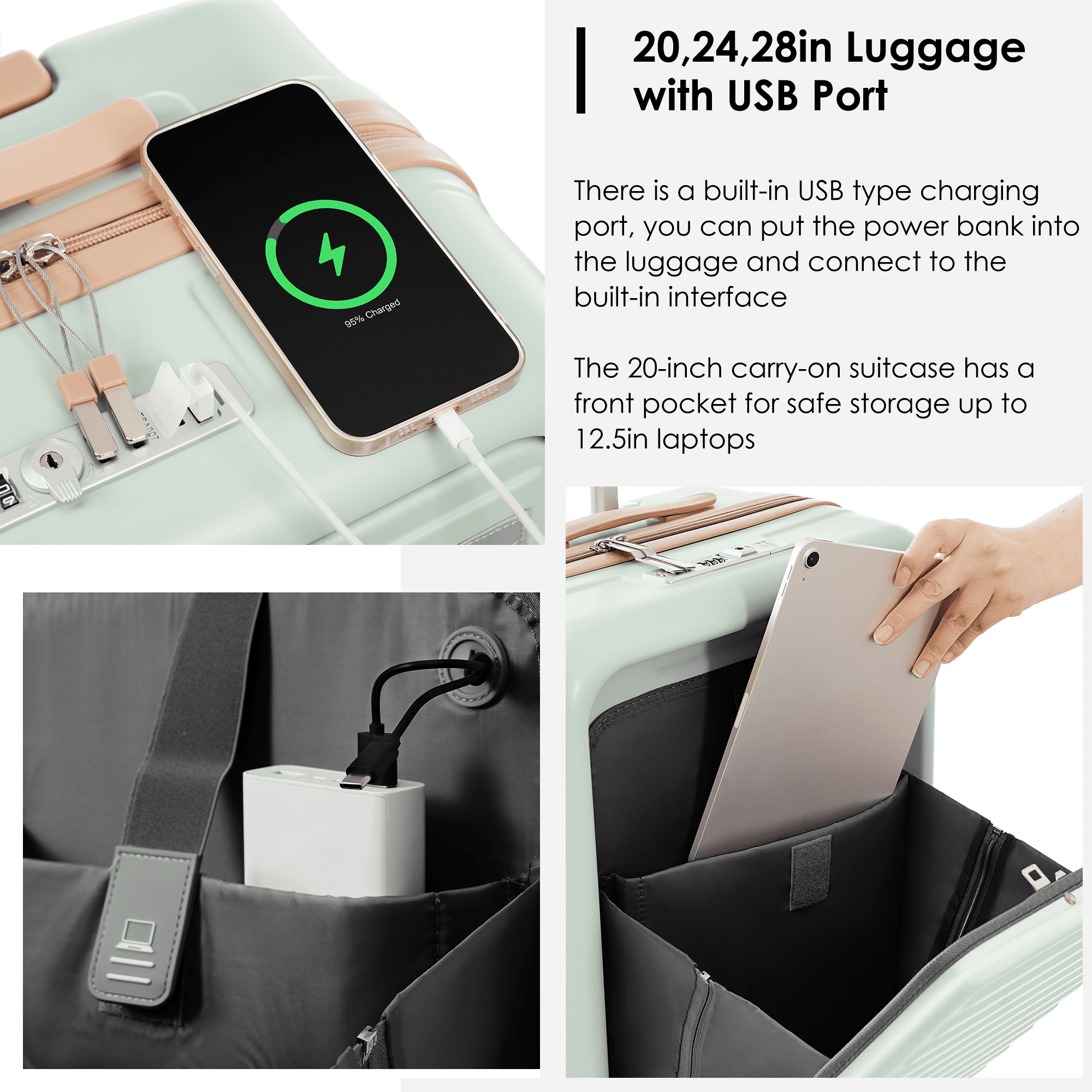 Euroco 3 Piece Luggage Sets Front Opening, ABS Hardshell Suitcase with USB Port,TSA Lock and Spinner Wheels,Lightweight Carry&nbsp;on&nbsp;Luggage&nbsp;with Cup Holder(20"/24"/28"),Grey Green