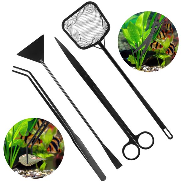 4-In-1 Aquarium Aquascaping Kit, Includes Curved Scissors, Curved Tweezers, Sand Spatula & Fish Net, Aquatic Plant Aquascape Tools Cleaning Kit for Small Aquariums Fish Tanks