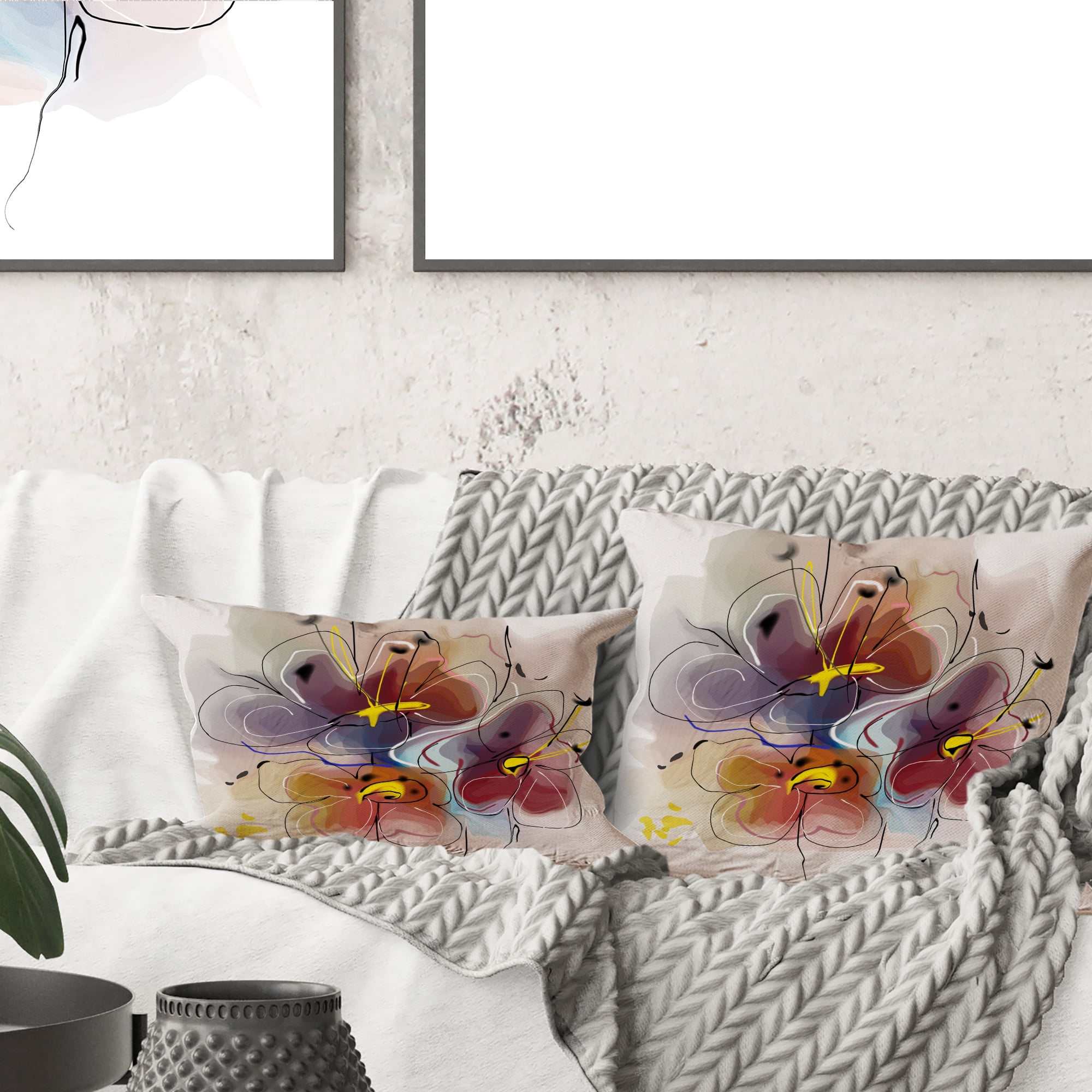 Designart Brown Blue Flower Illustration Art - Floral Throw Pillow - 18x18