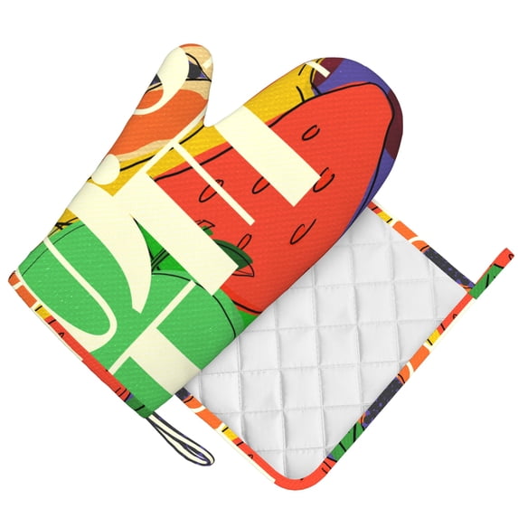 DouZhe Oven Mitts and Pot Holders Sets, Cartoon Illustration Fruit Prints Non-Slip Heat Resistant Kitchen Oven Silicone Glove
