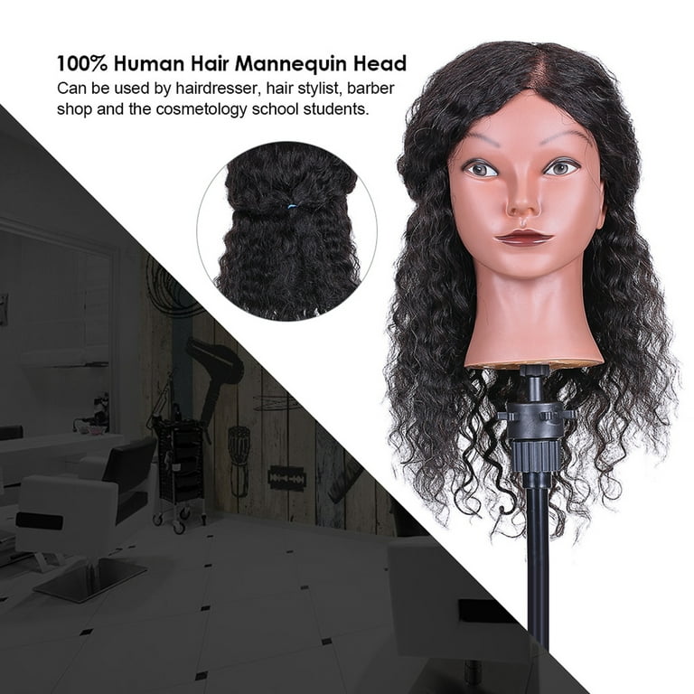 Curly Hair Mannequin Head Hairdressing Training Head for Hair Styling Practice Hair Braiding Dummy Head with 100% Human Hair Black, Women's, Size: One