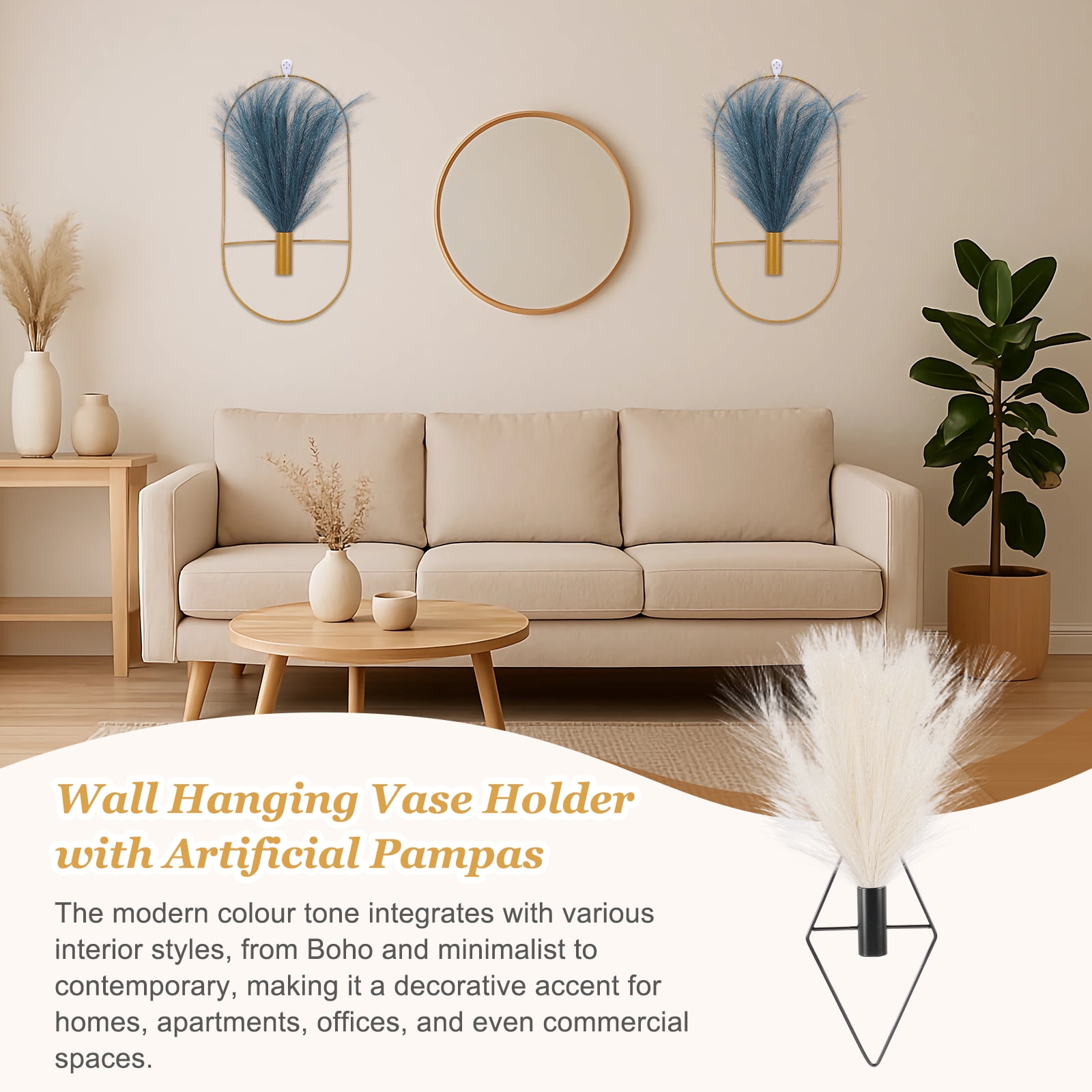 Uxcell 4 Pcs Wall Decor Metal Black Wall Art Hanging Planters with Artificial Pampas, Wall-mounted Decor Metal for Display Artwork Plant Hanging Living Room Bedroom, Beige (Diamonds)