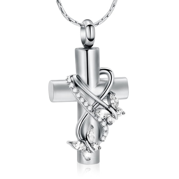 Crystal Butterfly Stainless Steel Cross Cremation Urn Pendant Memory Necklace for Cremation Ashes Keepsake Pet Human Memorial Jewelry