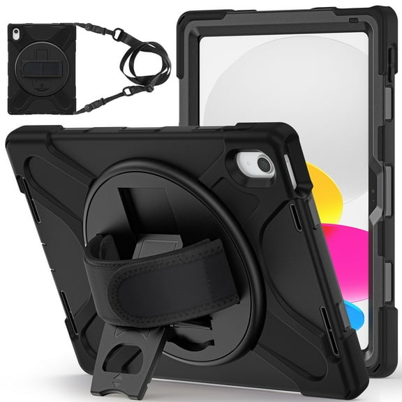 For iPad 11th 2025 11 inch/iPad 10th 2022 10.9 inch Case, 360 Hand Strap, Shoulder Strap, Kickstand, Rugged Drop Protection, Black