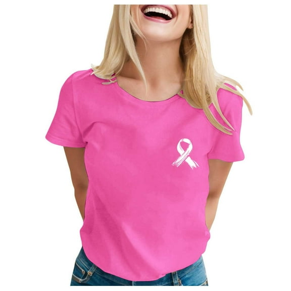 Breast Cancer Awareness Shirts Women Pink Ribbon T-Shirts Cancer Fighter Heart Graphic Tee Short Sleeve Pink Ribbons Tee Tops (Hot Pink,M