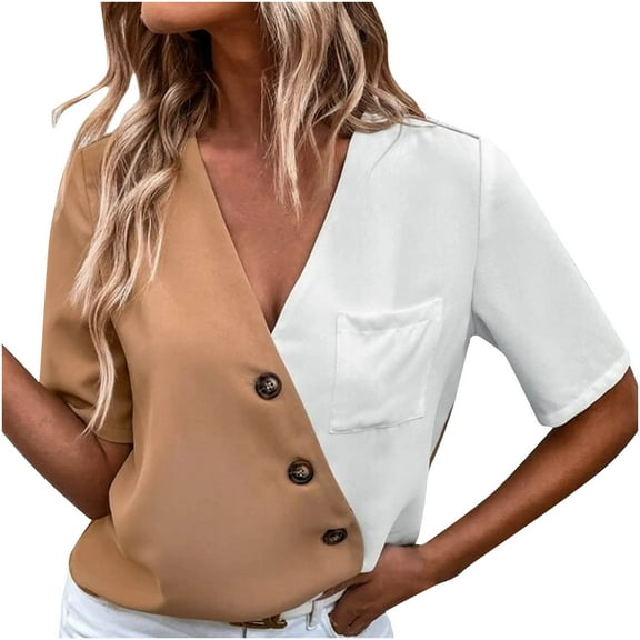 USSUMA Color Block Womens Blouses and Tops Dressy Short Sleeve Plus Womens Tops Casual Button Decors Pocket T-Shirts Shirt for Women Trendy V Neck Tunic Plus Size