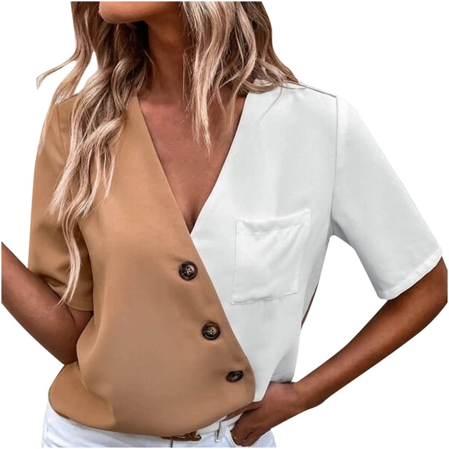 Birdeem Mode Femmes Été Manches Courtes Couleur Unie Aguichant à Empiècements Bouton Blouse Décontractée Hauts