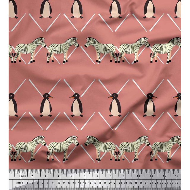Soimoi Pink Rayon Fabric Penguin & Stripe Animal Decor Fabric Printed BTY 56 Inch Wide