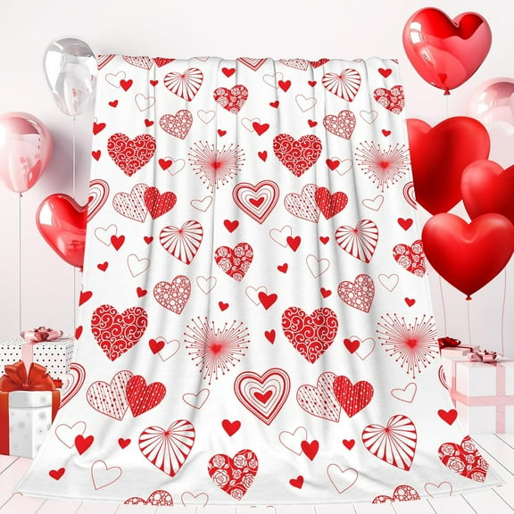 Love Valentine Throw Blanket, Boho Hearts Designed Super Soft and Warm Fleece Blanket, Red and White Hearts Fuzzy Soft Throw Blanket for Couch Bed Sofa, 40" x 50"