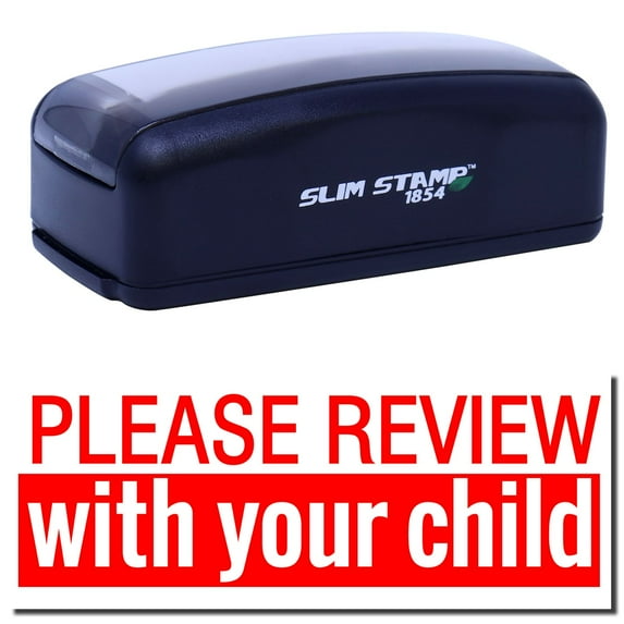 Large Pre-Inked Please Review with your child Stamp, Slim 1854, Ultra Slim Design, Impression Size 1-13/16" by 2-1/2", Up to 25,000 Impressions - Red Ink