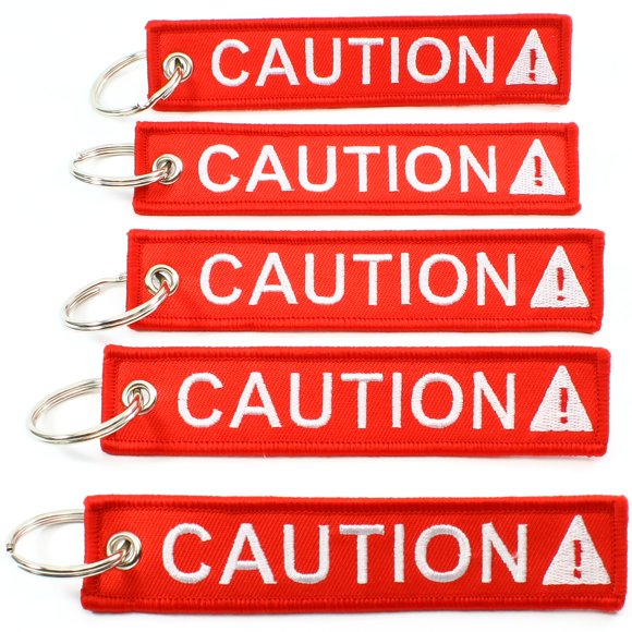 CAUTION Key Chain SAFETY Tag Red White SIZE: 1in by 5in QTY: 5 pack - by Rotary13B1