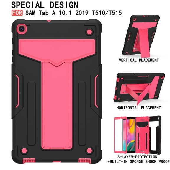 Dteck Shockproof Case For Samsung Galaxy Tab A 10.1 2019 Model SM-T510 T515, Heavy Duty Rugged Hybrid Case High Impact Full Body Kickstand Protective Cover (no built-in screen protector), Black Rose