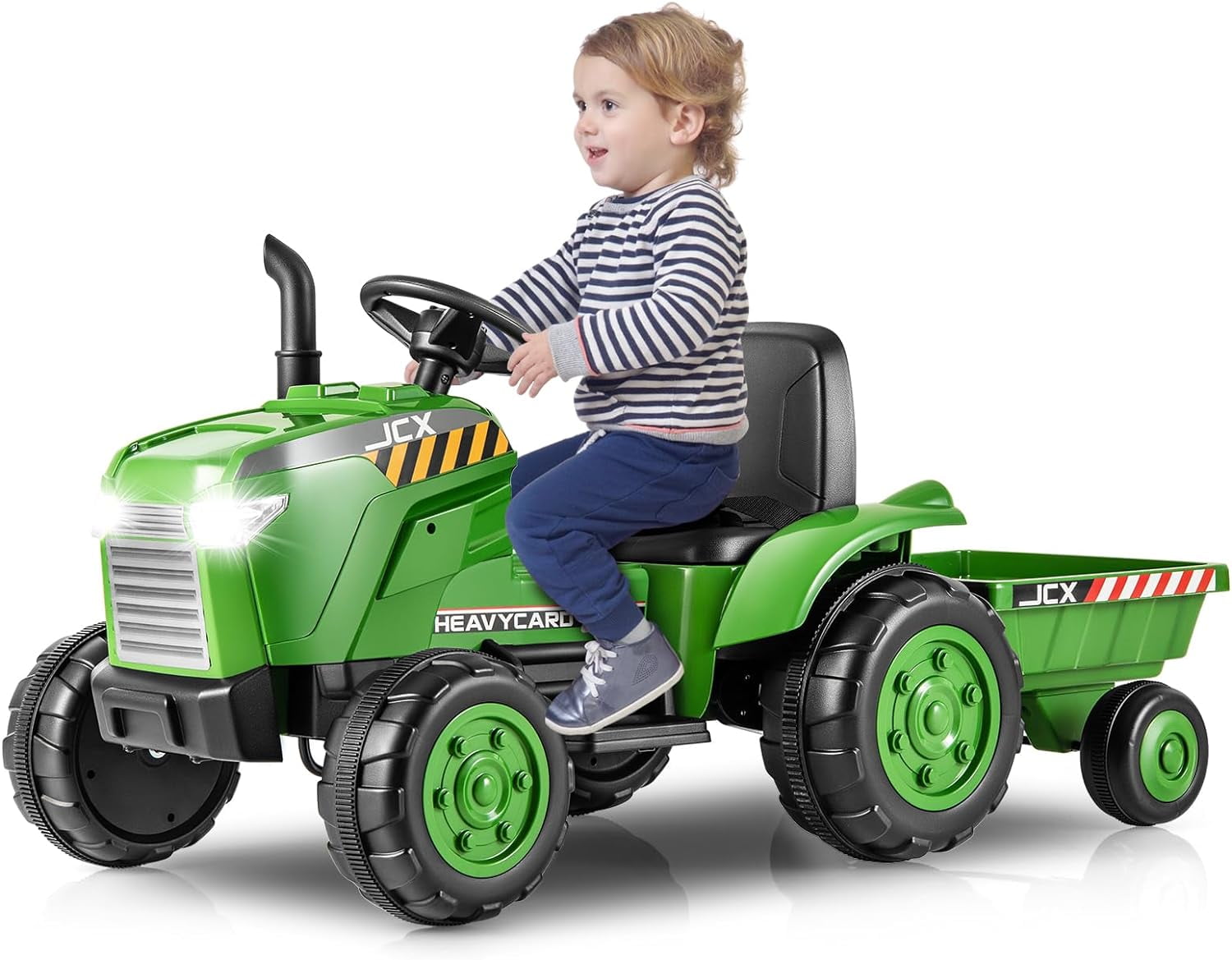 OLAKIDS 12V Kids Ride on Tractor, Battery Powered Motorized Electric Car with Trailer, Dual Motors, Remote Control, Light, Music, USB, Toddler Vehicle Toys for Boys Girls