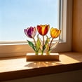 thumbnail image 5 of Dongrere Stained Plastic Tulip Tabletop Decor with Wooden Base, Colorful Floral Suncatcher Ornament for Window Sill Home Spring Table Display, 5x5.5 Inch, 5 of 6
