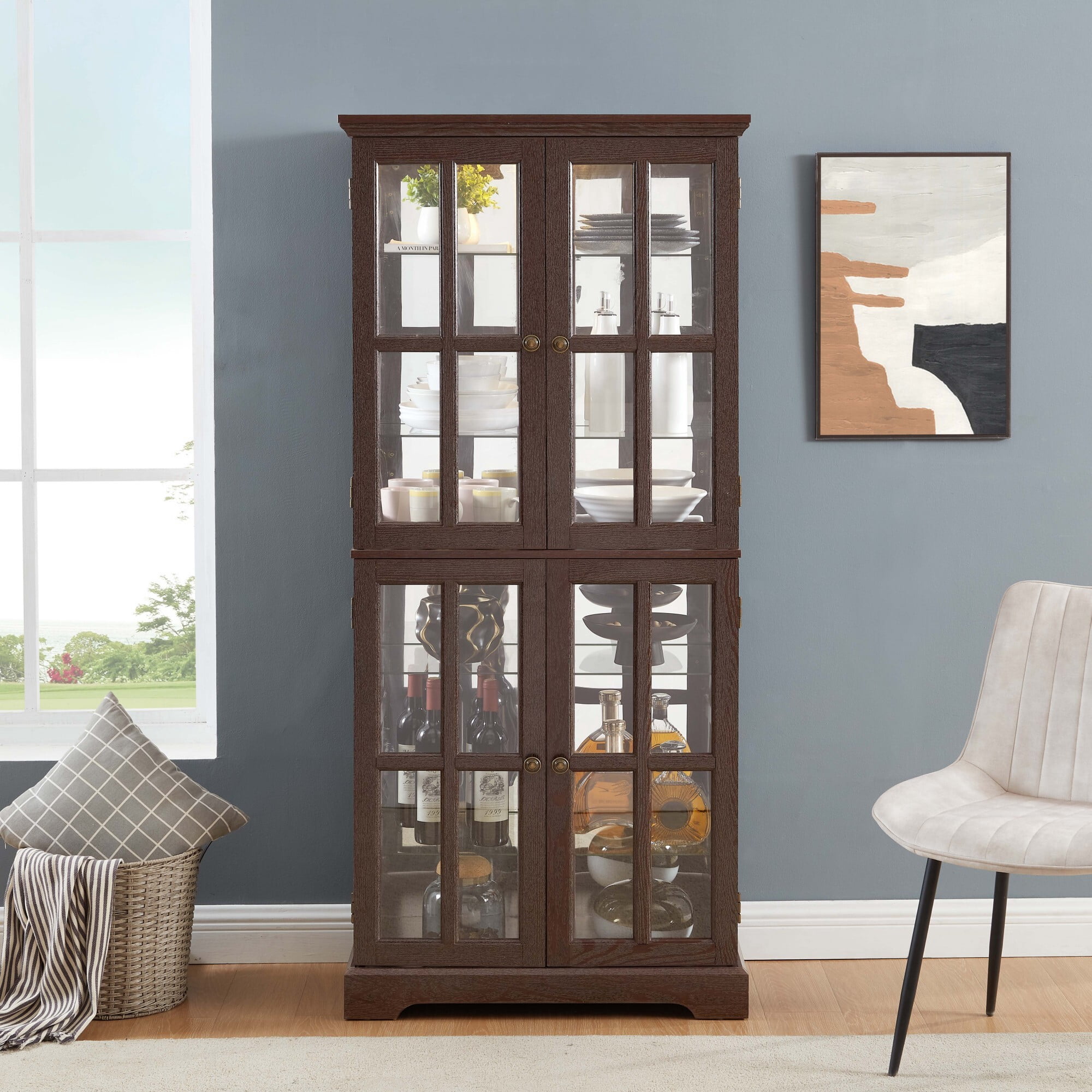 AENKYO 68" Antique Glass Display Case with E26 Bulb & Adjustable Shelves - Elegant Curio Cabinet for Living Room, Cherry