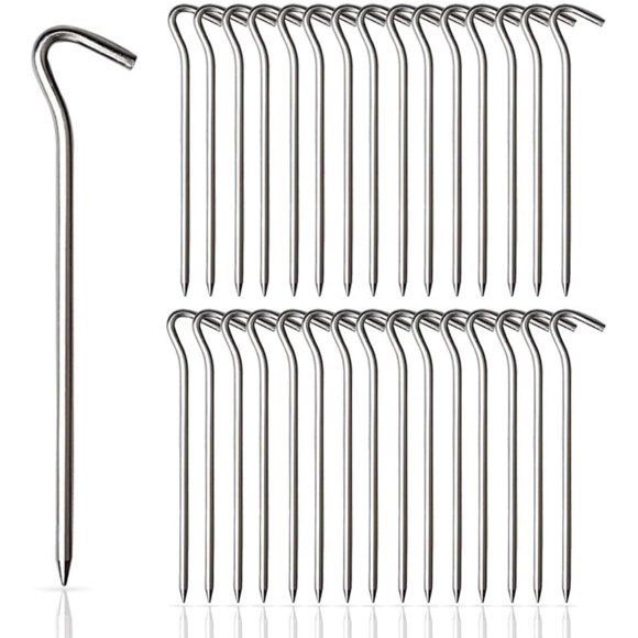 shiyou-30Pcs Tent Pegs Aluminium Tent Stakes with Hook 7 inch Tent Nail Spikes Heavy Duty Lightweight Ground Stakes Sliver Camping Pegs for Outdoor Pitching Camping Gardening Hiking Traveling Canopie