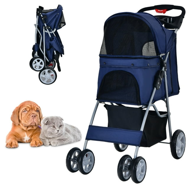 Costway Cochecito Plegable para Mascotas Carrito Portátil de 4 Ruedas para Perros con Ventana de Red Portavasos y Cesta Azul 81 x 44,5 x 100,5 cm