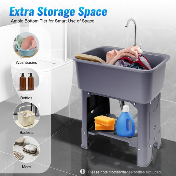 ChicHomey Gray Freestanding Utility Sink with 360° Rotating Faucet,Sanitation Station Indoor Outdoor Utility Sink  for Laundry/Kitchen/Multi-Purpose Cleaning