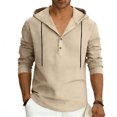 thumbnail image 6 of Yaoyar Men Lightweight Linen Blend Hoodie Shirt Long Sleeve V Neck Button Down Casual Pullover with Adjustable Drawstring, 6 of 9