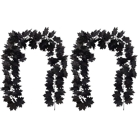 Morttic 2 Pcs Fall Maple Leaf Garland Hanging Black Fall Leaves Vine Artificial Autumn Garland Halloween Thanksgiving Decor for Home (Black)