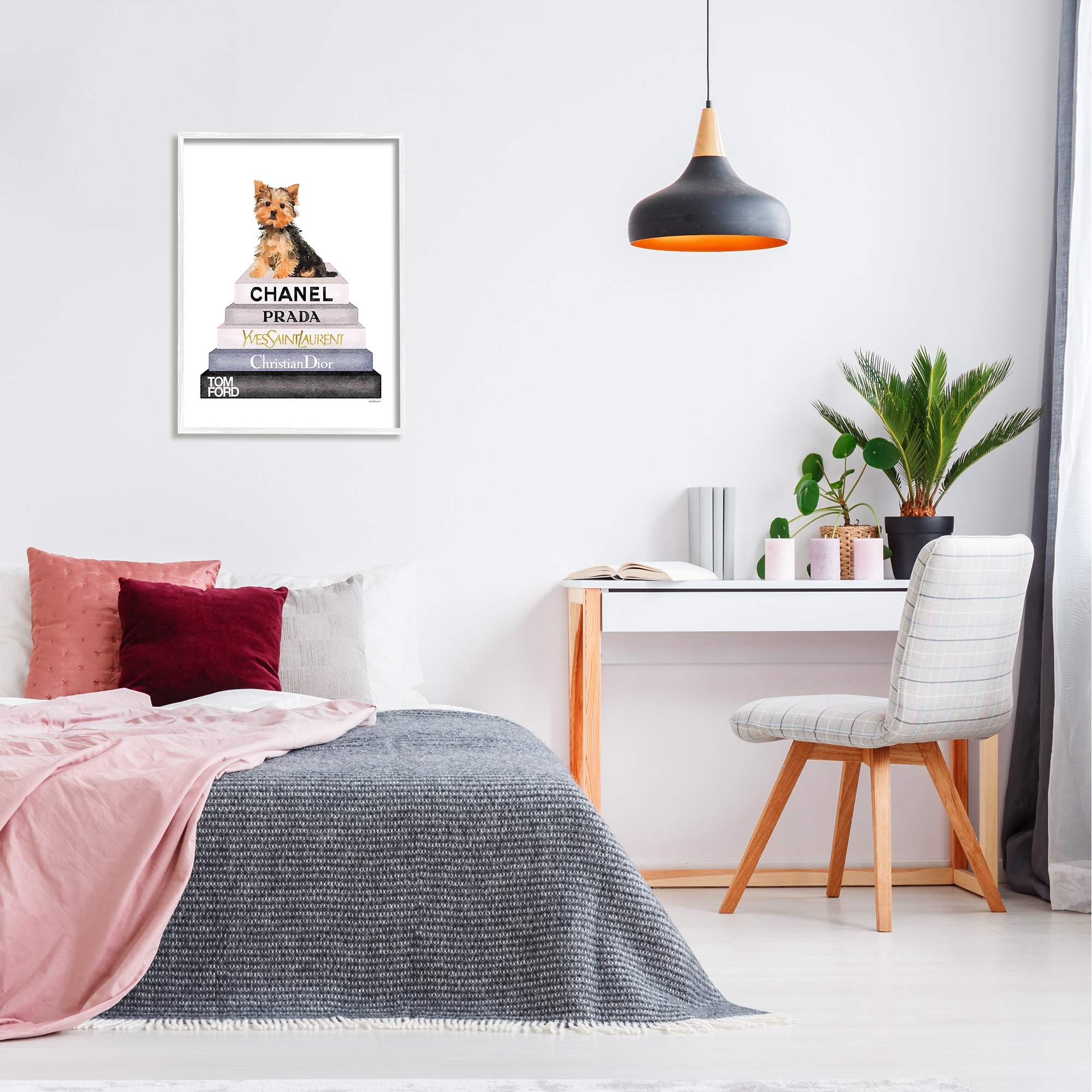 Stupell Industries Book Stack Yorkie Dog Glam Fashion Watercolor Gray Framed Art Print Wall Art, 11x14, by Amanda Greenwood
