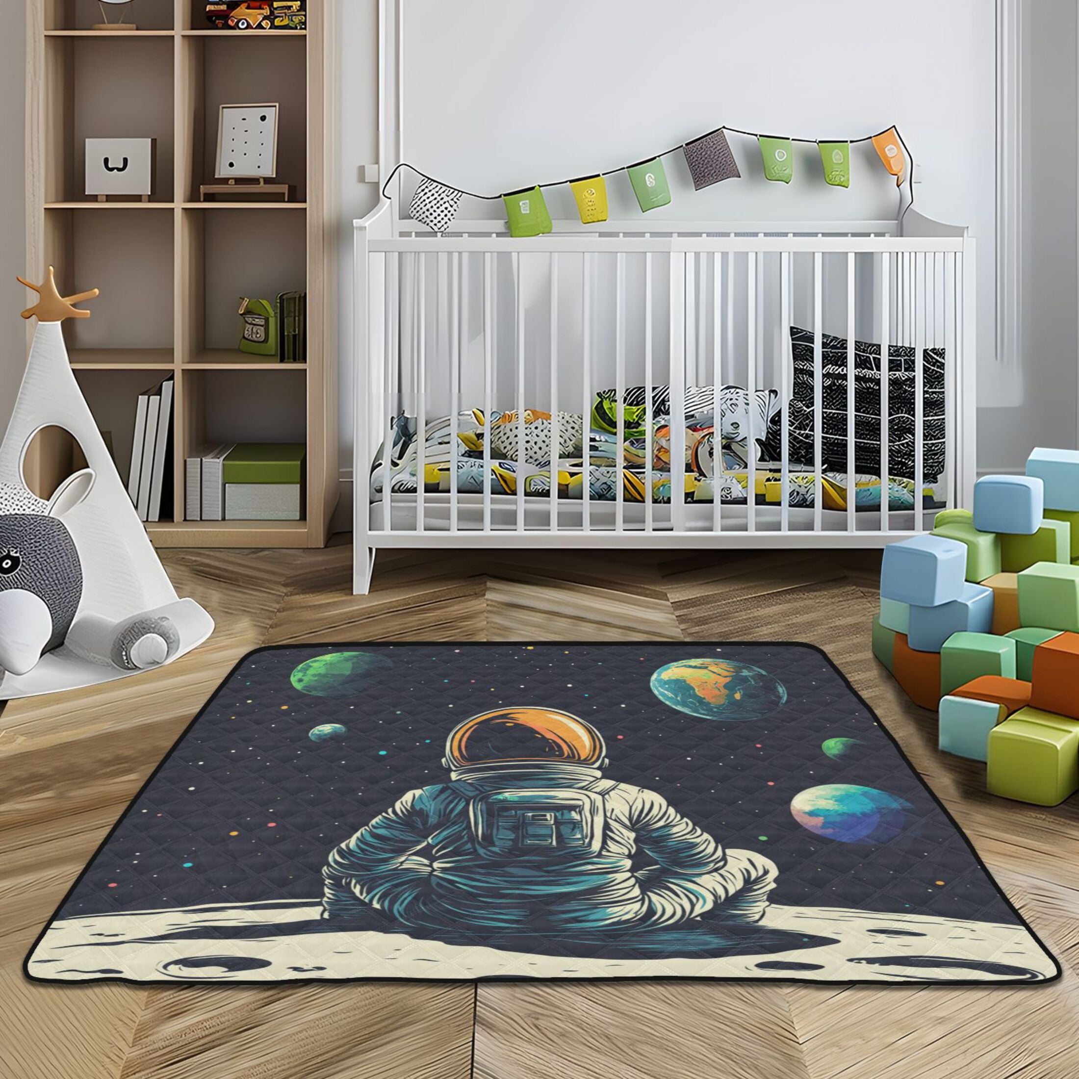WOBOGO Astronaut Sitting on The Moon Baby Playmats Extra Large Waterproof Rollable Activity Pads for Toddlers 50×50inch