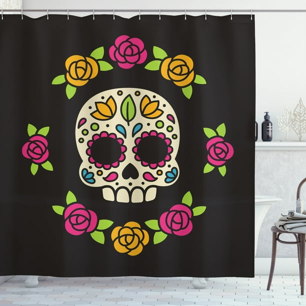 Sugar Skull Shower Curtain Dia De Los Muertos Concept Colorful Graphic Figure With Fl Wreath Fabric Bathroom Set Hooks 69w X 75l Inches Long Multicolor By Ambesonne Com Sugar Skull Shower Curtain Dia De Los, Skull Shower Curtain Hooks