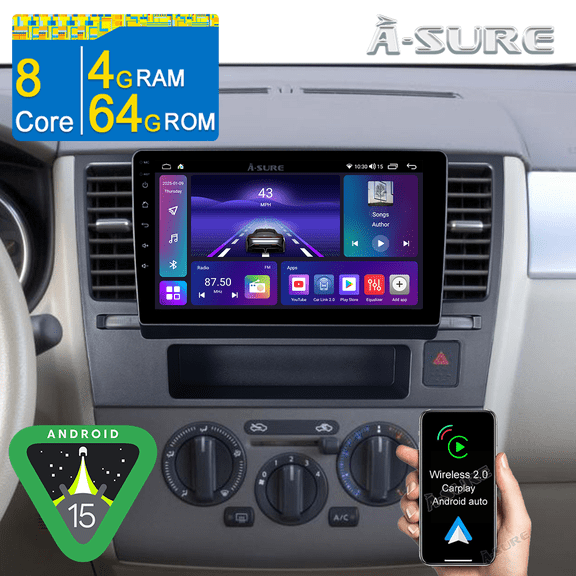 8-Core Android 15 Car Radio 4 64GB Car Stereo for Nissan Versa 2007-2011 with Apple CarPlay/GPS Navi/Wi-Fi/BT 5.0/DSP/Backup Camera