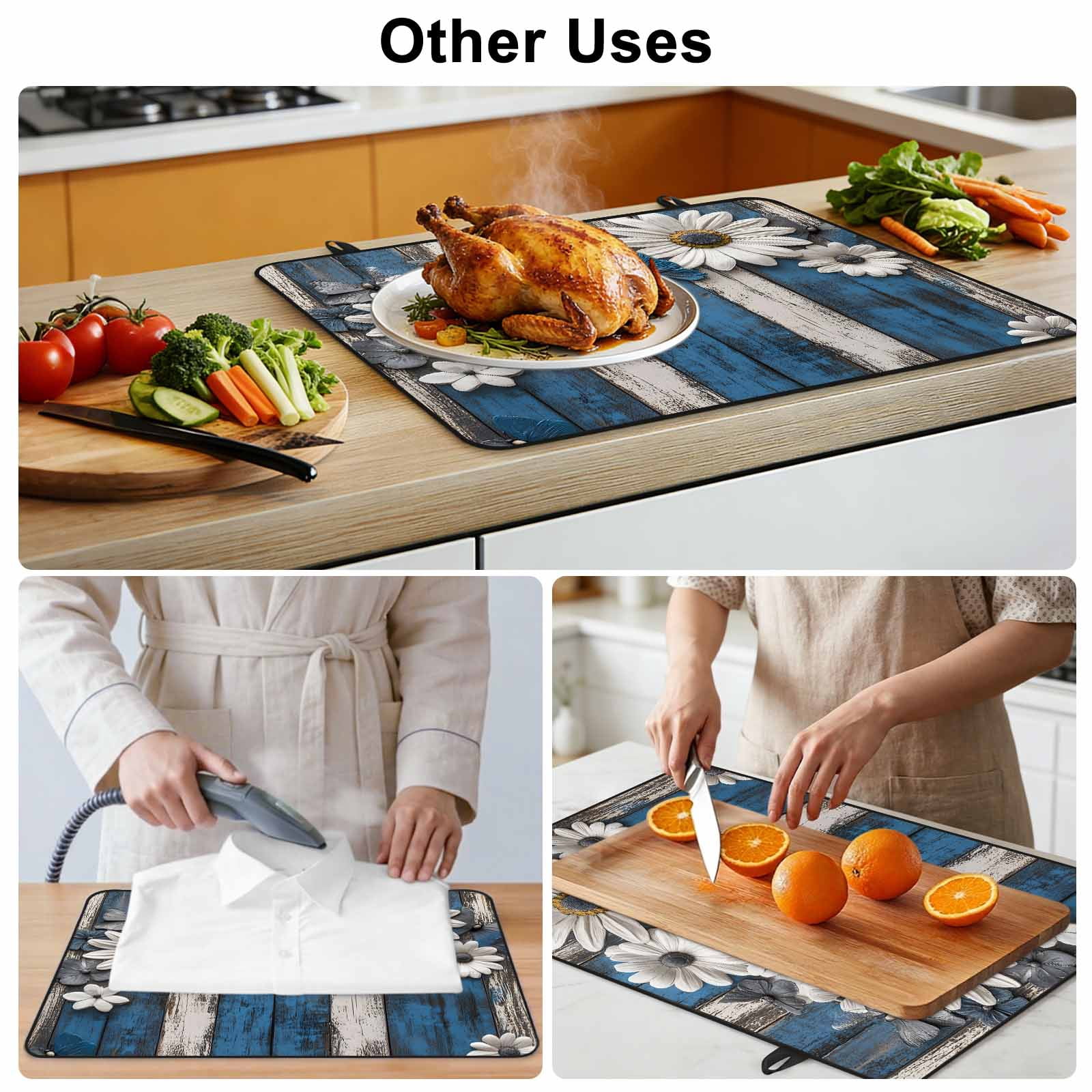 Blue White Daisy Stove Top Cover for Electric Stove, Heat-proof & Non Slip Glass Top Stove Cover Protector, Vintage Farmhouse Butterfly Floral Wood Kitchen Flat Cooktop Rubber Mat 24x21 Inches