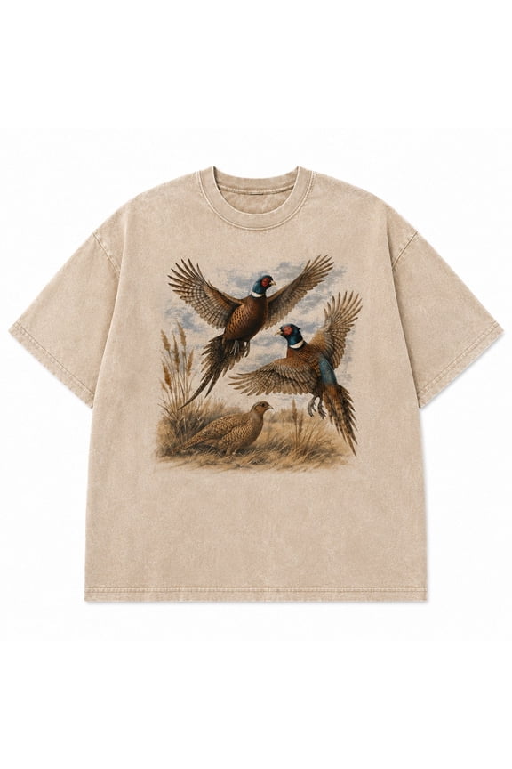 Pheasant Wildlife Mineral-Washed T-Shirt, 100% Heavyweight Cotton, 180 GSM, Unisex Classic Fit, Front Graphic